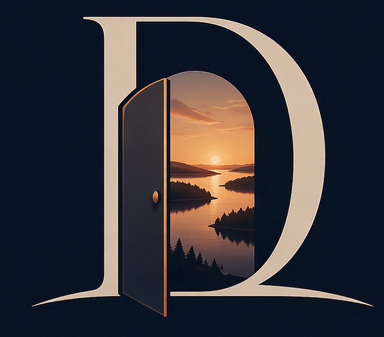 Due North doorway opening toward a sunset landscape